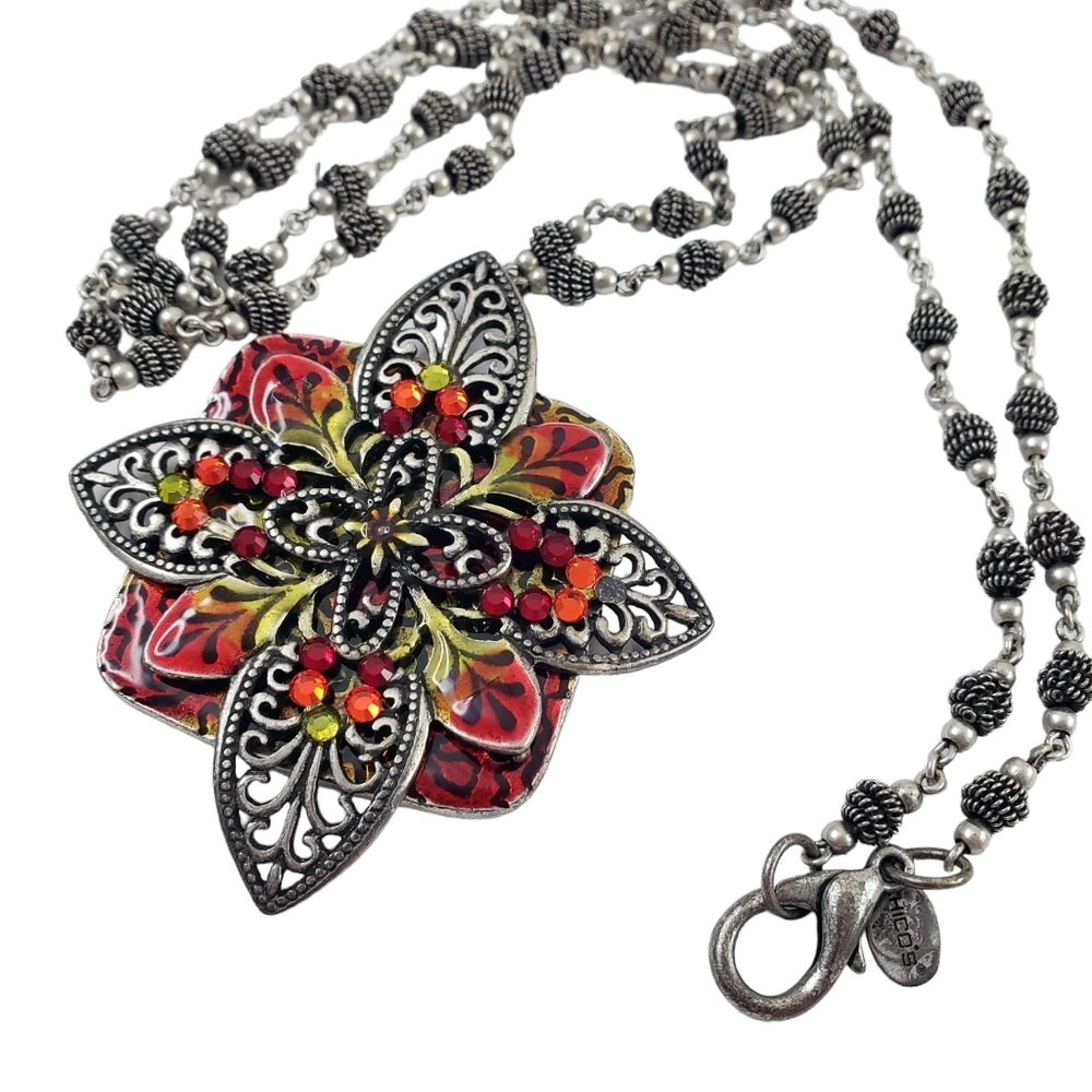Chico's long pendant necklace antique silver tone red green ornate filigree